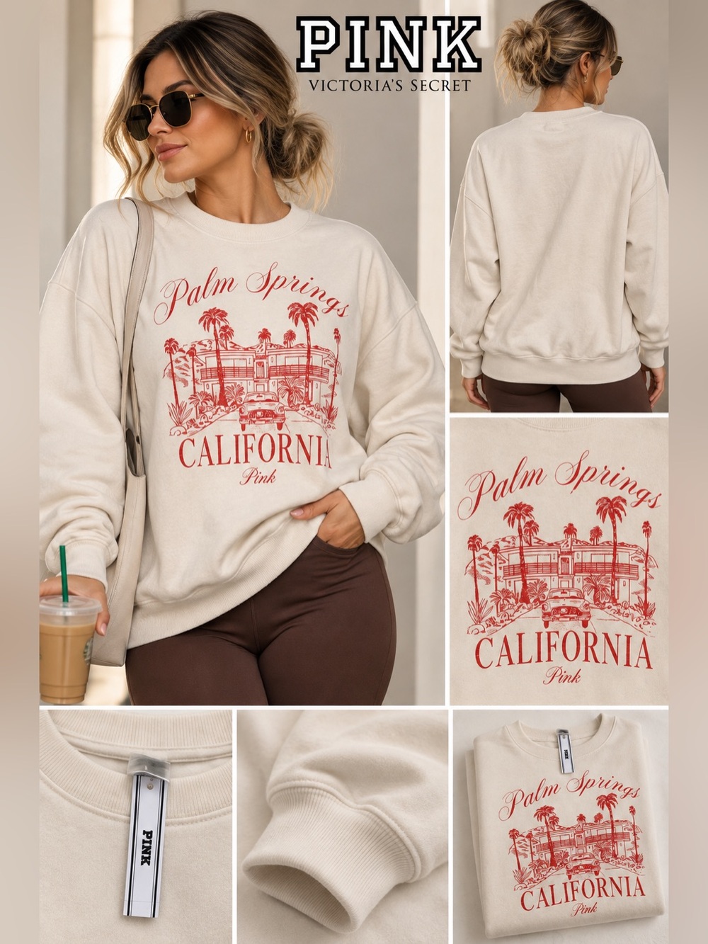 PINK Victoria's Secret Palm Springs California Graphic Crewneck - Cream & Red